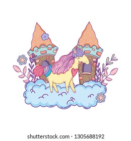 beautiful little unicorn with castle in the clouds