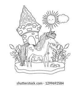beautiful little unicorn with castle in the landscape