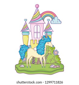 beautiful little unicorn with castle in the landscape