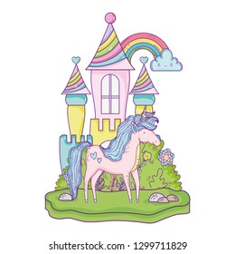 beautiful little unicorn with castle in the landscape