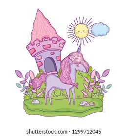 beautiful little unicorn with castle in the landscape