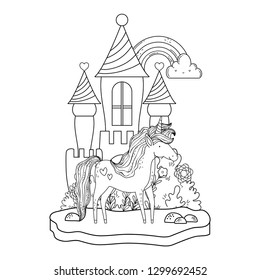 beautiful little unicorn with castle and rainbow