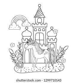 beautiful little unicorn with castle and rainbow