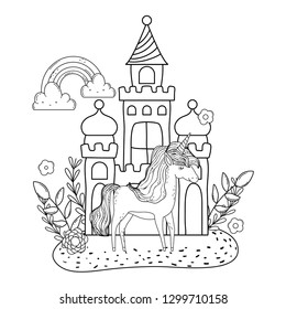 beautiful little unicorn with castle and rainbow