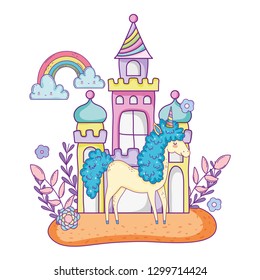 beautiful little unicorn with castle and rainbow