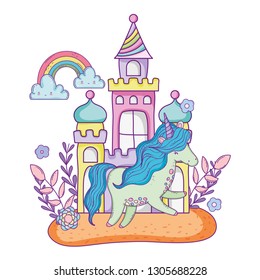 beautiful little unicorn with castle and rainbow