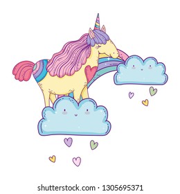 beautiful little unicorn in the clouds and rainbow