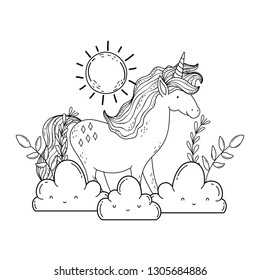 beautiful little unicorn with clouds and sun
