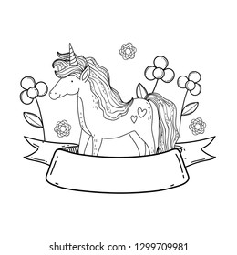 beautiful little unicorn with flowers and ribbon frame