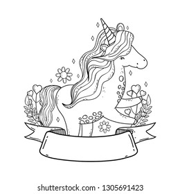 beautiful little unicorn with flowers and ribbon frame