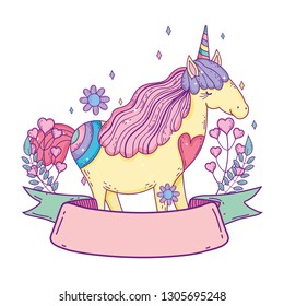 beautiful little unicorn with flowers and ribbon frame