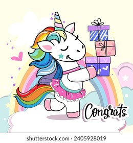 Beautiful little unicorn with gift boxes. Cartoon vector illustration for kids. Happy Birthday card