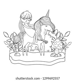 beautiful little unicorn with princess in the landscape