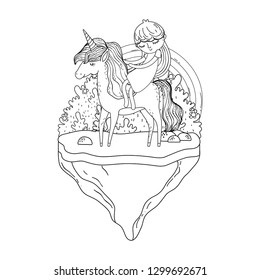 beautiful little unicorn with princess in the landscape