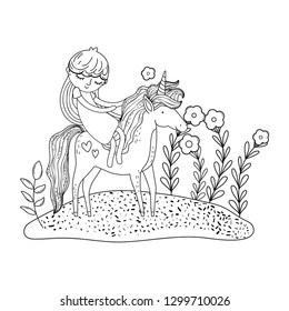 beautiful little unicorn with princess in the landscape