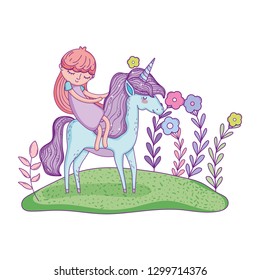 beautiful little unicorn with princess in the landscape