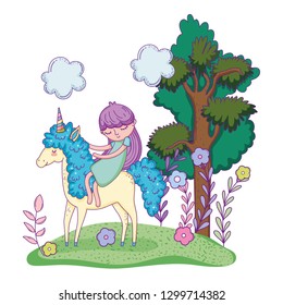 beautiful little unicorn with princess in the landscape