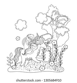 beautiful little unicorn with princess in the landscape