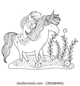 beautiful little unicorn with princess in the landscape