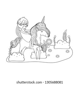 beautiful little unicorn with princess in the landscape