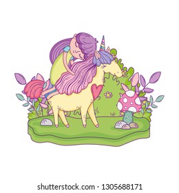 beautiful little unicorn with princess in the landscape