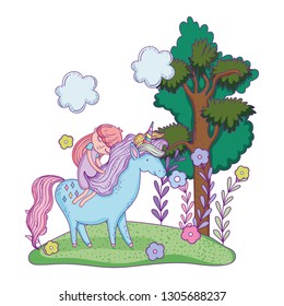 beautiful little unicorn with princess in the landscape