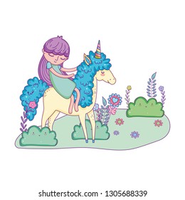 beautiful little unicorn with princess in the landscape
