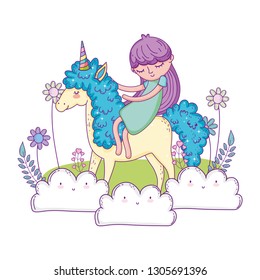 beautiful little unicorn with princess in the landscape