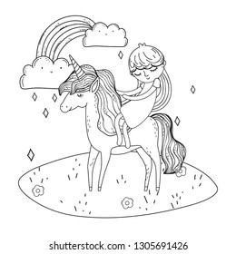 beautiful little unicorn with princess in the landscape