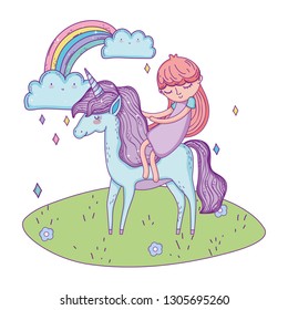 beautiful little unicorn with princess in the landscape