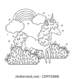 beautiful little unicorn with rainbow in the landscape