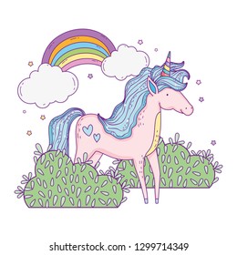 beautiful little unicorn with rainbow in the landscape