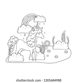 beautiful little unicorn with rainbow in the landscape