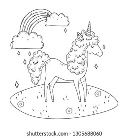 beautiful little unicorn with rainbow in the landscape