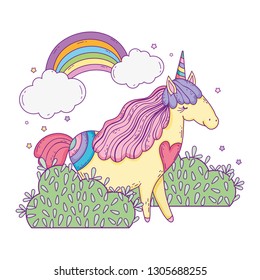 beautiful little unicorn with rainbow in the landscape