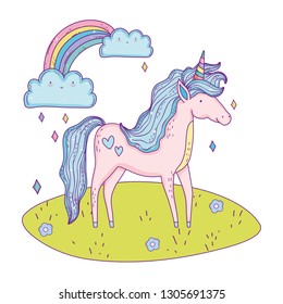 beautiful little unicorn with rainbow in the landscape