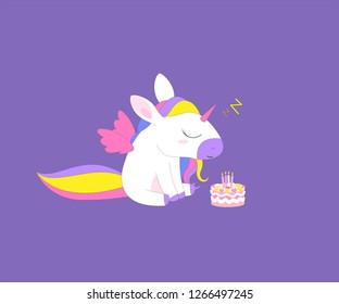 beautiful little white unicorn sits asleep over his festive cake. vector illustrations