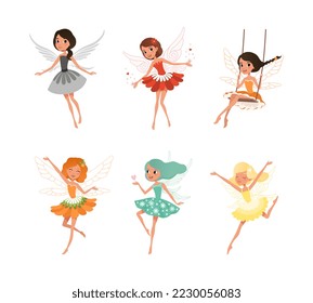 Beautiful little winged fairies set. Cute girls with wings in colorful dresses cartoon vector illustration