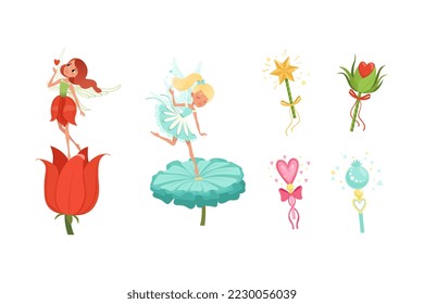 Beautiful little winged fairy girls on flowers and magic wands collection set cartoon vector illustration