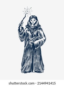 Beautiful Little Witch in a cloak. Fairy or enchantress. Vintage engraving sketch. Doodle outline. Hand drawing.