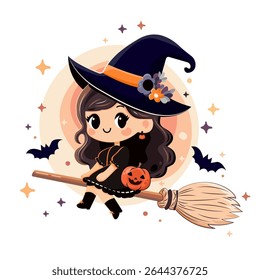 beautiful little witch flying on the broom against with bats and stars. Cute and whimsical vector illustration, perfect for posters, greeting cards, and Halloween designs. digital art.