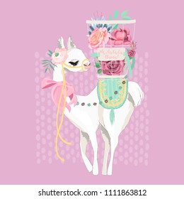 Beautiful llama, alpaca in floral crown, tied bow with rug and basket with flowers. Vector, sketch, outline, cartoon illustration