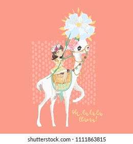 Beautiful llama, alpaca in floral crown, with rug, bag and girl with flower. Vector, sketch, outline, cartoon illustration