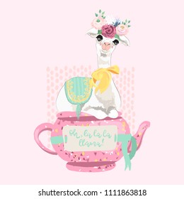 Beautiful llama, alpaca in floral crown, tied bow with rug sitting on teapot. Vector, sketch, outline, cartoon illustration