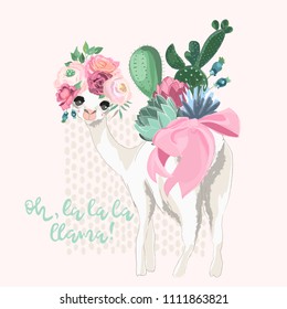 Beautiful llama, alpaca with floral crown and cactus, succulent bloom bouquet and tied bow. Vector, sketch, outline, cartoon illustration