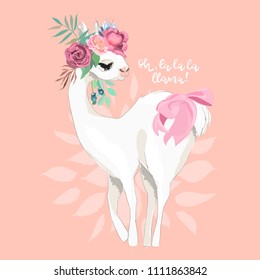Beautiful llama, alpaca with flowers, floral crown, bouquet and tied bow. Vector, sketch, outline, cartoon illustration