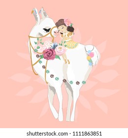 Beautiful llama, alpaca with flowers, floral bouquet, pompoms and little dreaming girl. Vector, sketch, outline, cartoon illustration