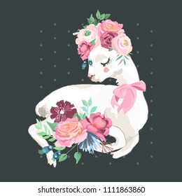 Beautiful llama, alpaca with flowers, floral crown, bouquet and tied bow. Vector, sketch, outline, cartoon illustration