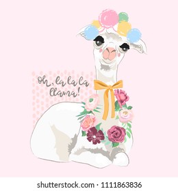 Beautiful llama, alpaca with pompoms, tied bow and floral wreath, flowers bouquet. Vector, sketch, outline, cartoon illustration