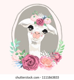 Beautiful llama, alpaca portrait in floral crown, flowers bouquet in vintage frame. Vector, sketch, outline, cartoon illustration